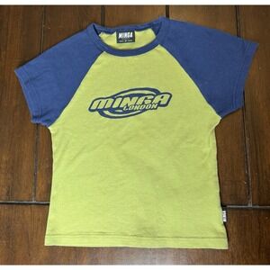 Minga London Baby Tee Green Blue Raglan Cropped Y2K Style Graphic Logo Size M
